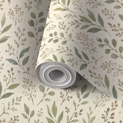 Papier peint auto-adhésif à peler et coller, feuillage botanique beige neutre, feuilles dessinées à la main, auto-adhésif et amovible 17,7 po x 118 po (45 x 300 cm)