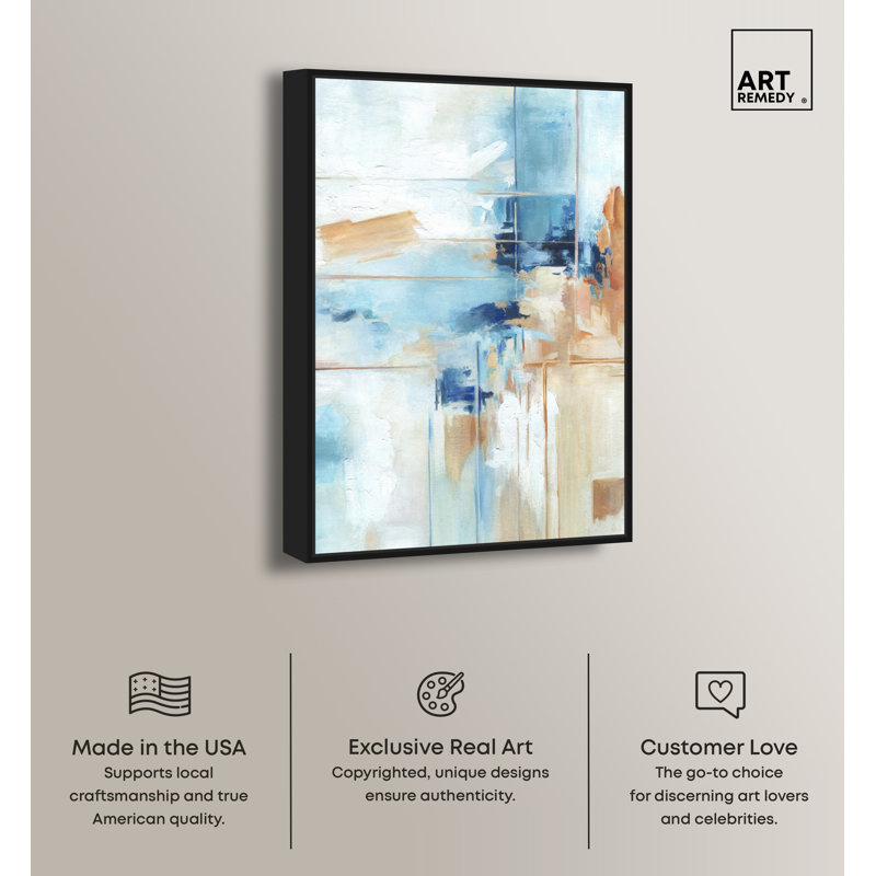 Blue and Beige Abstract Canvas Art in Black Frame, 31" x 21"
