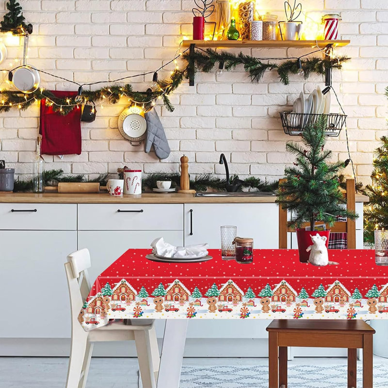 2PCS Christmas Tablecloth,137*274cm Large Red Gingerbread Man Xmas Party Table Cover,Disposable Rectangle Christmas Plastic Table Cloth for Christmas Party,Winter Holiday,Christmas Table Decorations