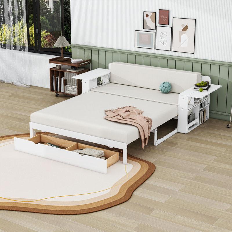 Daybed with Desk, Drawers and Side Table, White, Queen