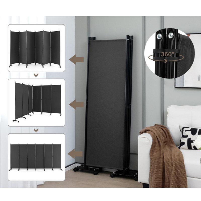 Paravent en métal à 6 panneaux pliables avec roues Mesilla l 132 po x H 68 po, gris