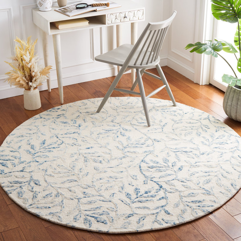 Tapis floral en laine / coton touffeté à la main Jardin en ivoire / bleu, Rond 6 pi
