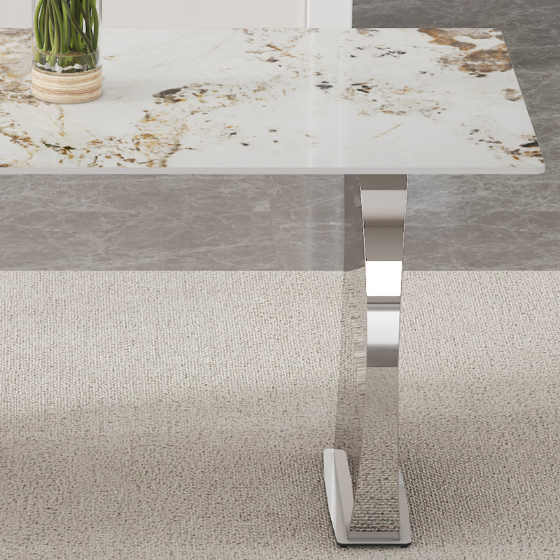 Table de salle à manger rectangulaire moderne, plateau de table imitation marbre marbré, pieds de table en acier inoxydable, convient pour la cuisine, la salle à manger, le salon, 63 po x 31,4 po.