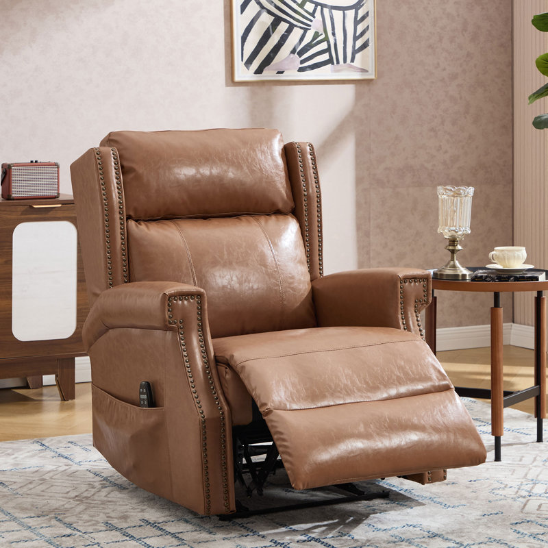 34.8"W Manual Recliner with Heat and 8-point Massage function, vintage design, with pockets, Caramel