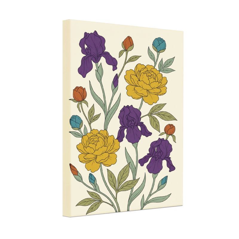 Plantes et fleurs, iris mauve, rose, motif floral jaune, H 24 po x l 16 po