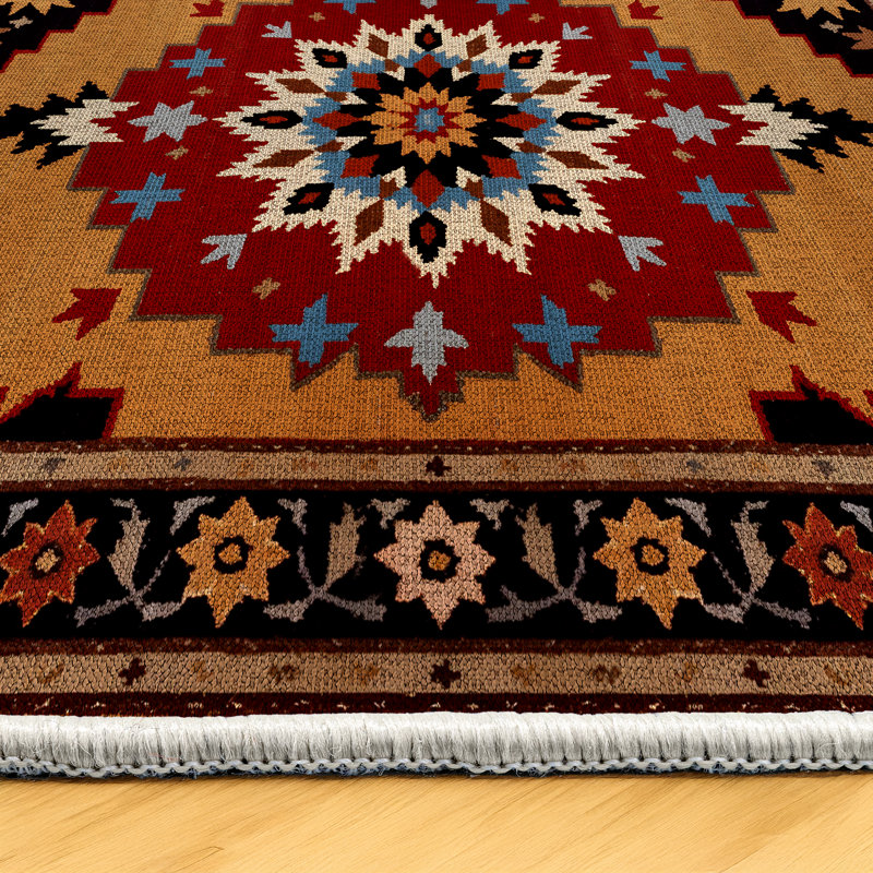 Madeline Collection Digital Print Cotton-Polyester Orange Colorful Moroccan Rug, Square 4'