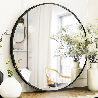 Miroir rond noir, 61 cm (24 pouces), cadre en métal noir mat | Haute définition, résistant à la rouille et à l'eau, miroir circulaire pour salle de bain, chambre, entrée, salon, décoration murale