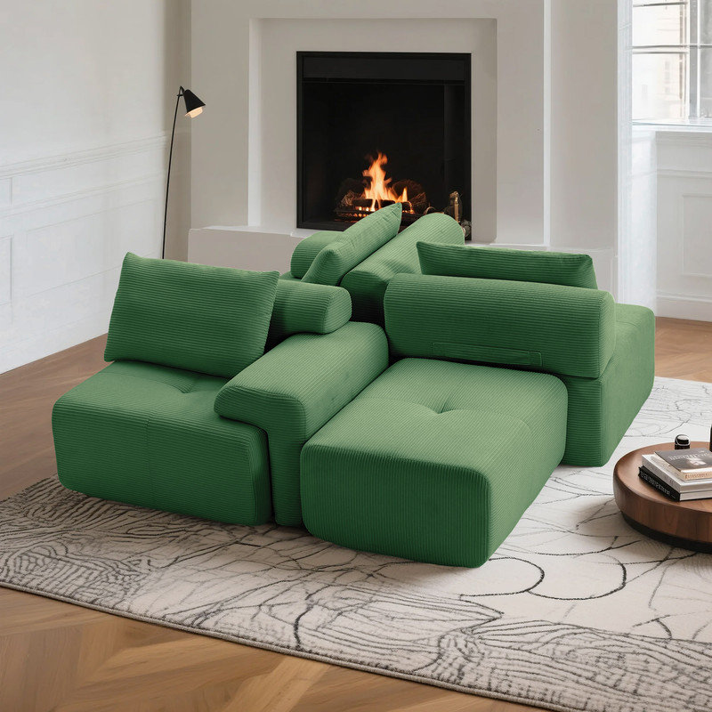 Canapé-lit modulaire convertible en L, Velours côtelé vert