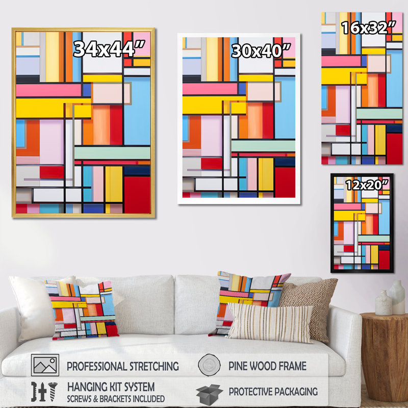 Rainbow De Stijl Abstraction - Formes abstraites, impressions d'art mural, H 20 po x l 12 po x P 1 po, Toile tendue