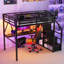Lit mezzanine double en métal avec bureau et configuration Doohickey, éclairage coloré en escalier noir, tablettes supérieures de rangement intégrées-130149878