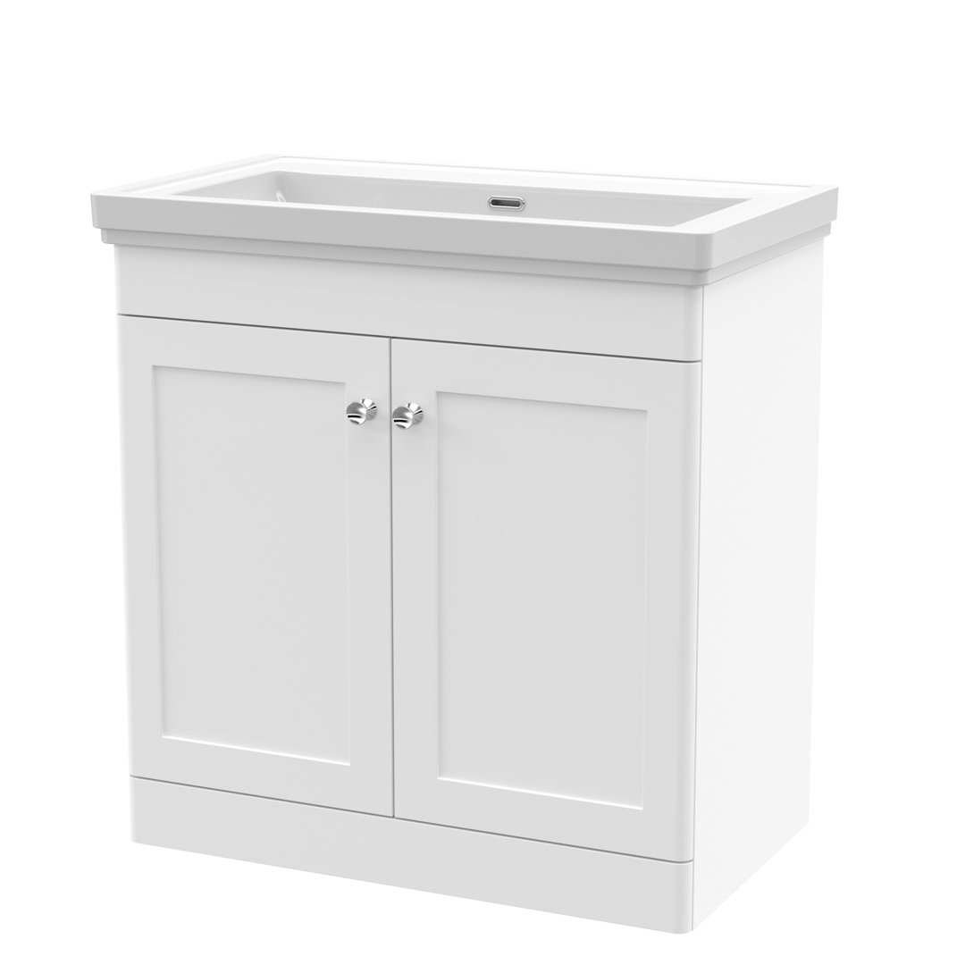 Nuie Satin White 800mm Floor Standing 2 Door Vanity & Basin - Image 2