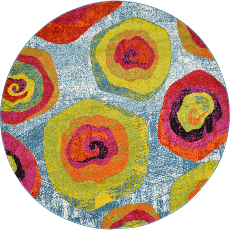 Elvia Abstract Blue/Red/Yellow Area Rug, Round 6'1"