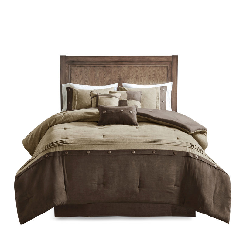 Édredon brun très grand 7 pièces - Faux suède, style chalet avec boutons, coussins décoratifs, literie lavable à la machine