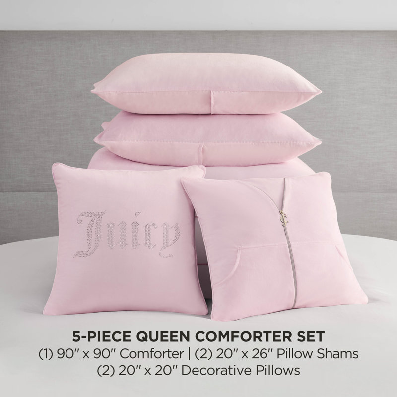 Juicy Couture Velour Comforter Set with 2 Decorative Pillows, Queen + 2 Standard Shams, Marshmallow Pink