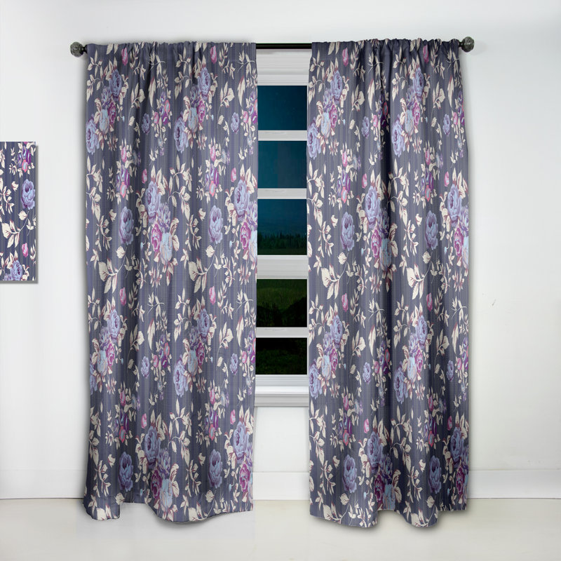 Blue Roses - Floral Blackout Curtain Single Panel, 52" W x 63" L