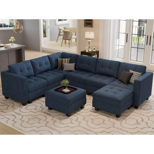 Chanaye 116.6" Wide Linen Reversible Modular Sofa Living room Sectional Couch with Storage Ottoman