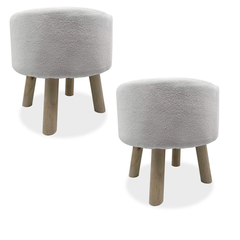 Ginni Footstool Ottoman Set Of 2, White Polyester, Soft Seat, Wood Legs