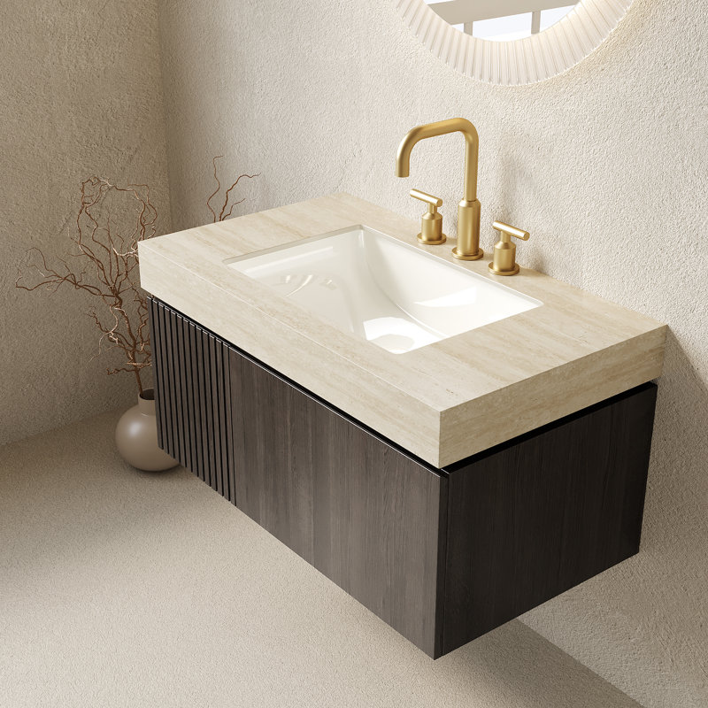 Meuble-lavabo flottant mural Adwin, Noyer fumé, Beige