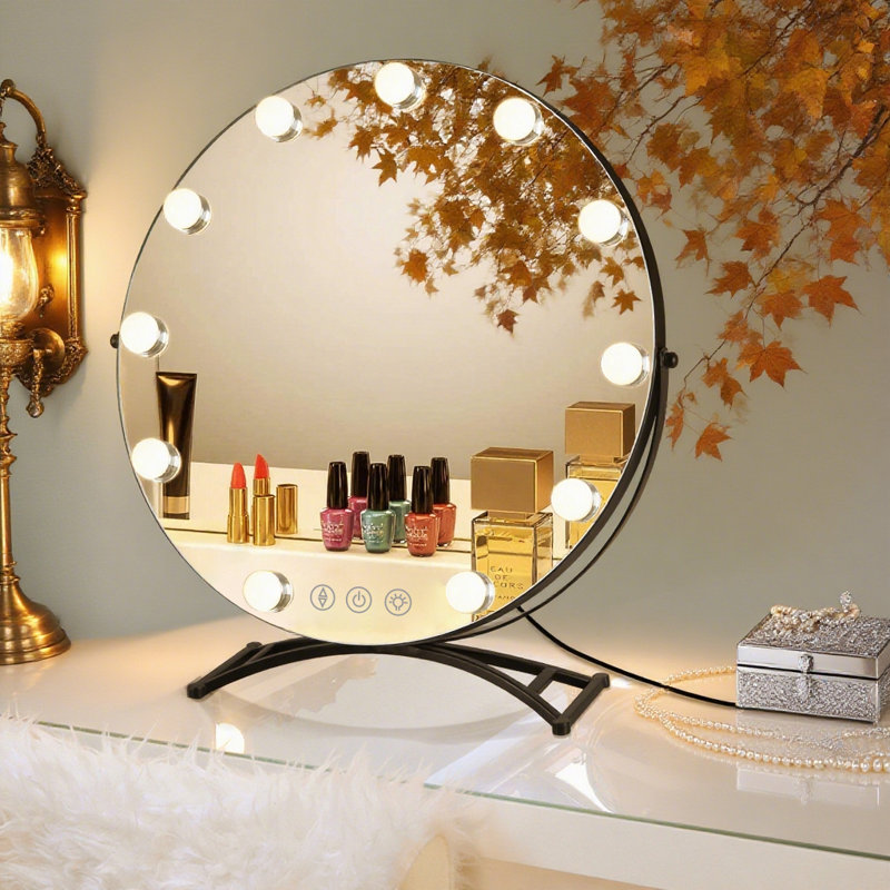 Large and Bright LED Metal Mirror Touch Dimmable Swivel Tabletop Mirror Hollywood Round lighted Makeup Mirror with 11 bulbs and 3x Magnification