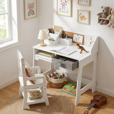 Ensemble de bureau et de chaise pour enfants, bureau en bois blanc avec chaise réglable, huche de rangement et planche de liège, table de devoirs et d'art pour garçons et filles