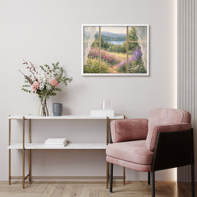 Affiches murales encadrées « Vue sur le jardin par la fenêtre » - Paysage floral vu par la fenêtre, pour la chambre à  coucher