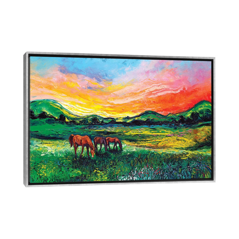 Reproduction d’art, "Meadow Sunset" par aja Trèves, H 26 po x l 18 po x P 1,5 po, Toile avec cadre argenté, Pas de tapis