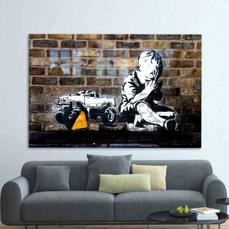 Praying Boy Street Art Inspired Abstract Glass Wall Art for Modern Home Decoration, 11.8" H x 17.7" W