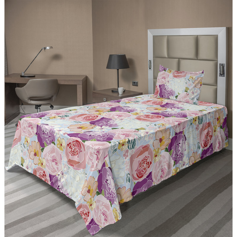Ambesonne Watercolor Botany Sheet Set 4 Pcs Retro Boho Bloom, Pale Fuchsia Pale Pink Floral, Twin Sheet Set with 1 Pillowcase