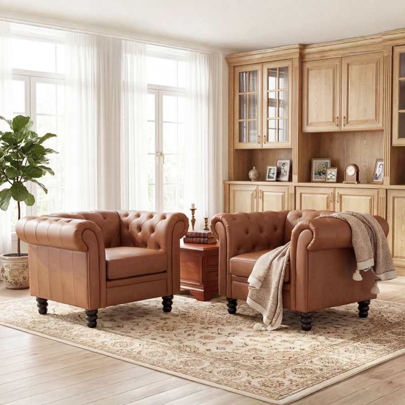 Gazim 2-Piece Tufted Faux Leather Chesterfield Accent Chair Living Room Set, Brown Faux Leather