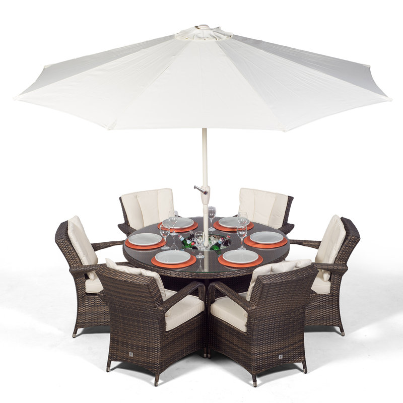 Karas 6 Seater Dining Set with Cushions and Parasol, Brown