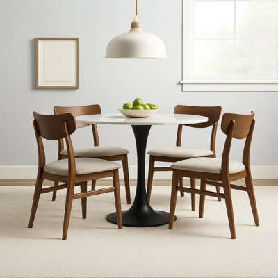 Mara Dining Table | 30 Inch Round White Genuine Marble Top | Black Metal Tulip Pedestal Base