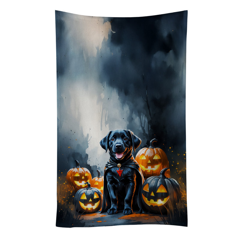 Black Labrador Retriever Puppy Halloween Kitchen Towel, Black Labrador Retriever