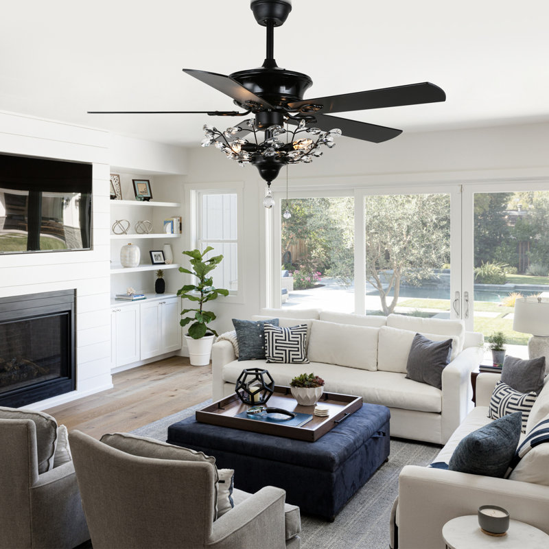 Engebretson 52 Inch Black Glam Crystal Ceiling Fan with Lights and Remote, 6 Speeds DC Motor Reversible Modern Chandelier Ceiling Fan