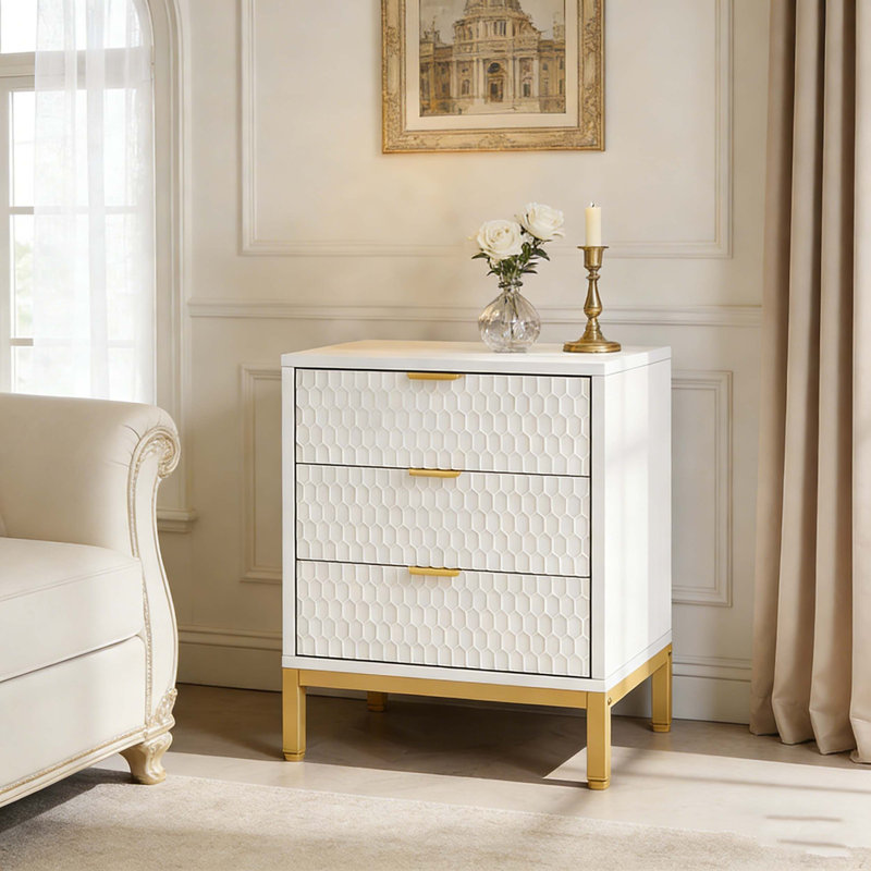 Modern Bedside Table Nightstand with 3 Storage Drawers, White & Gold