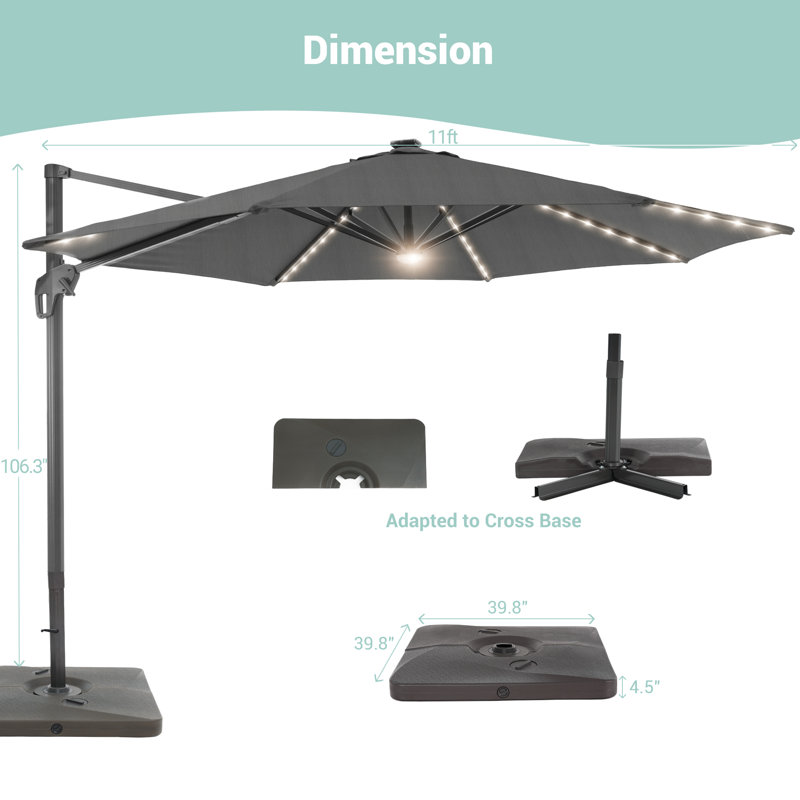 Parasol en porte-à-faux avec cadre en aluminium 11 pi Sunbrella, Grey