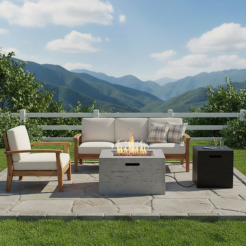 24.02'' Square MGO Propane Fire Pit Set, 40,000 BTU Outdoor Fire Pit Table With Steel Burner, Adjustable Flame, Lava Rocks & Rain Cover, Includes 15.75'' Propane Tank Cover Table, No Assembly