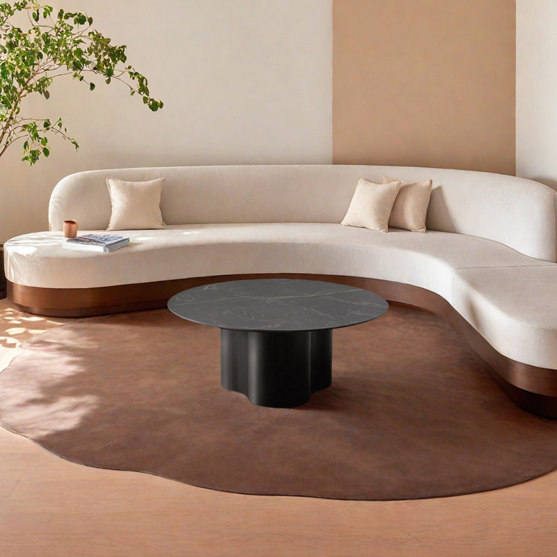 Table basse ronde en pierre frittée avec pieds en métal, Noir