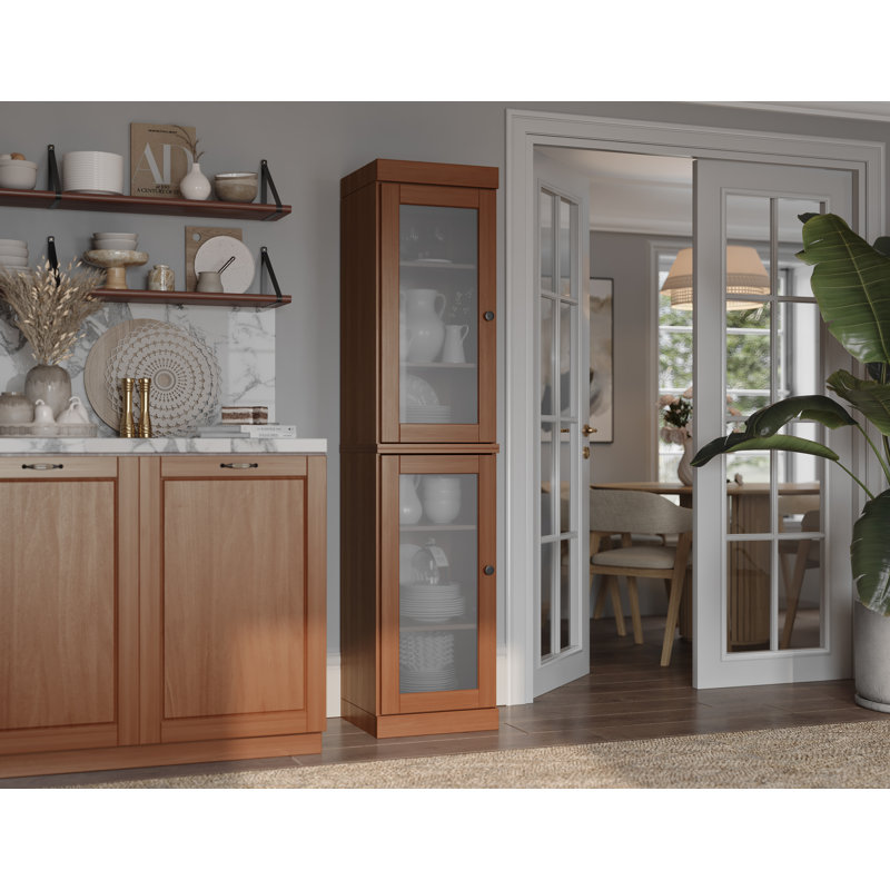 Garde-manger Jaylena 100% bois massif 16,5 po avec portes en verre givré et tablettes réglables, Moka