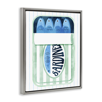 Cadre flottant en sardine et écume de mer sur fond rayé, design par Daphne Polselli