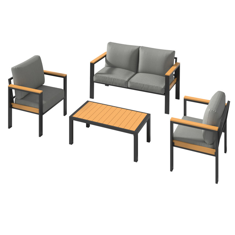 Ensemble de meubles de patio 4 pièces, ensemble de conversation extérieur en aluminium toutes saisons avec table basse, Gris