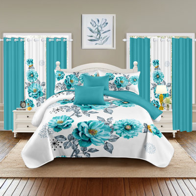Ensemble de literie et de rideaux 9 pièces, couvre-lit matelassé à motif floral bleu sarcelle avec 6 panneaux de fenêtre assortis et 2 taies décoratives, couvre-lit toutes saisons en microfibre, adapté aux animaux de compagnie