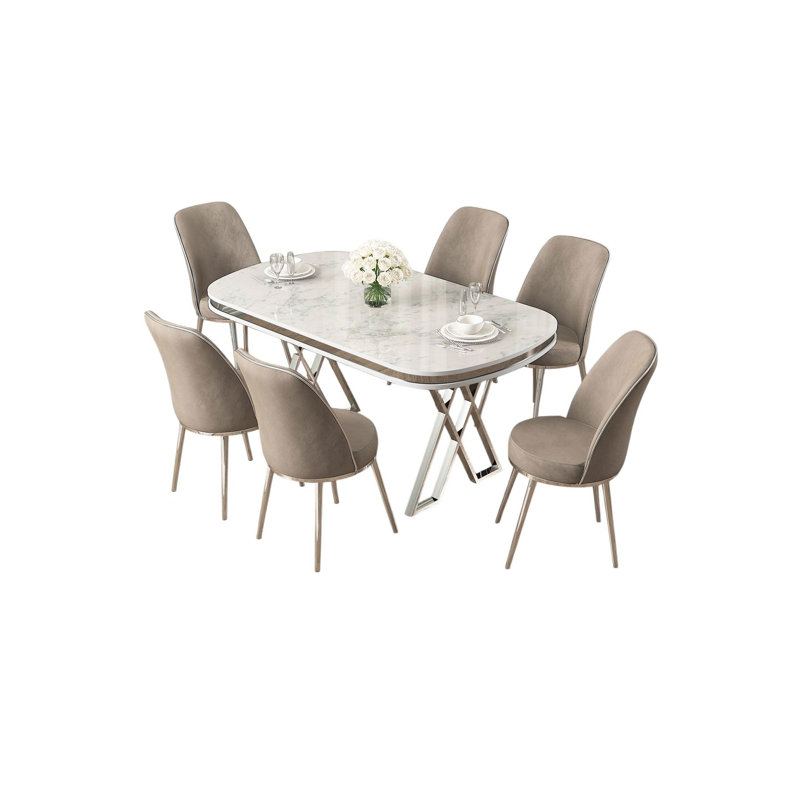 Modern 7-Piece Dining Table & Chairs Set, White & Chrome with Cappuccino Accents | 100% Lacquer Panel, Metal Legs, 66.1 x 29.9 x 35.4 in Table, 17.7 x 35.8 x 16.5 in Chairs | Durable Babyface Fabric, Comfortable 22/28 DNS Foam