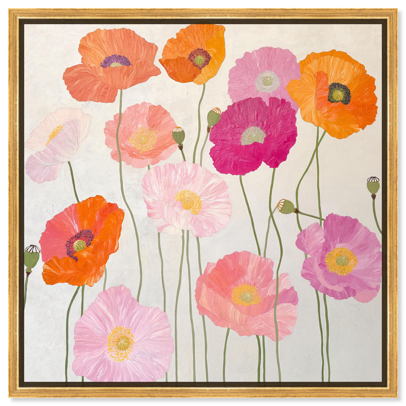 «Sunset Poppy Chorus II» par Art Remedy, H 13 po x l 13 po, Cadre flottant, Doré