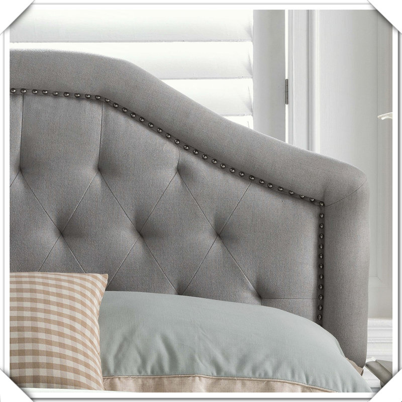 Tufted Upholstered Headboard With Metal Legs Nailhead Trim,Queen, Light Gray