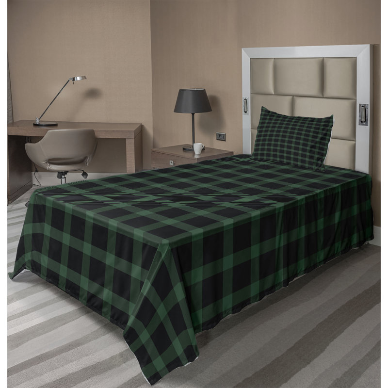 Ambesonne Buffalo Plaid Sheet Set Scottish Christmas Fern Green Charcoal Grey, Twin XL Sheet Set with  1 Pillowcase