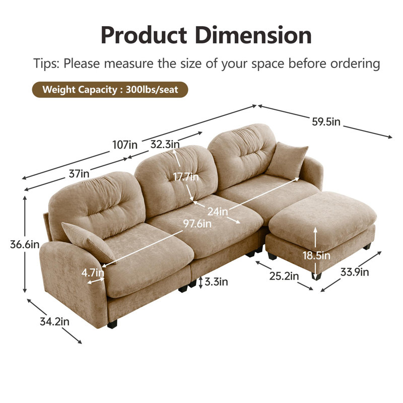 Canapé modulaire en L modulaire avec repose-pieds, Chenille chameau