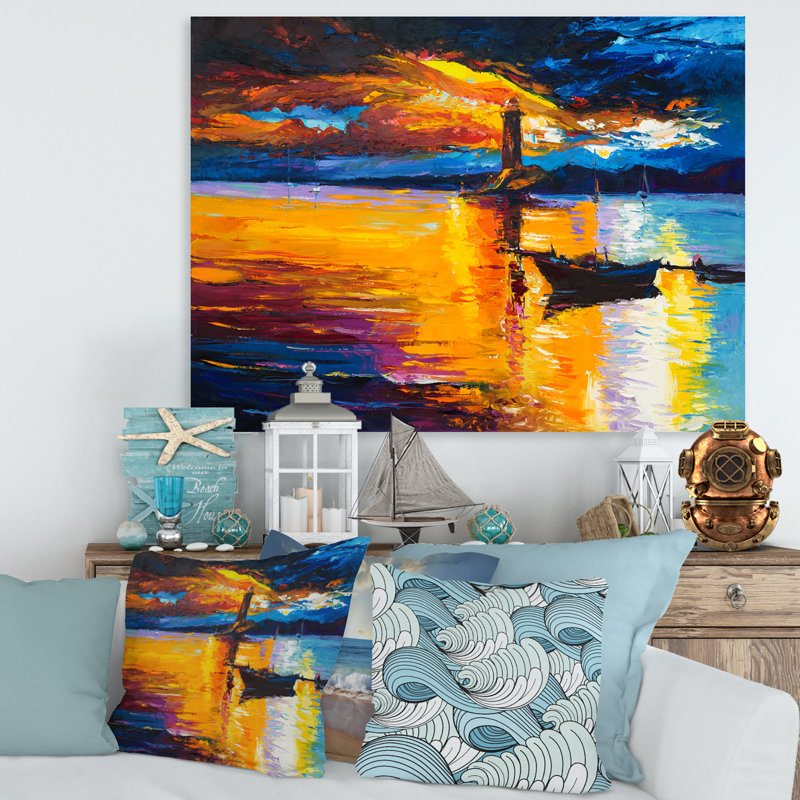 Petit bateau par le phare au coucher du soleil - Peinture sur toile, H 30 po x l 40 po x 1,5 po, Toile tendue