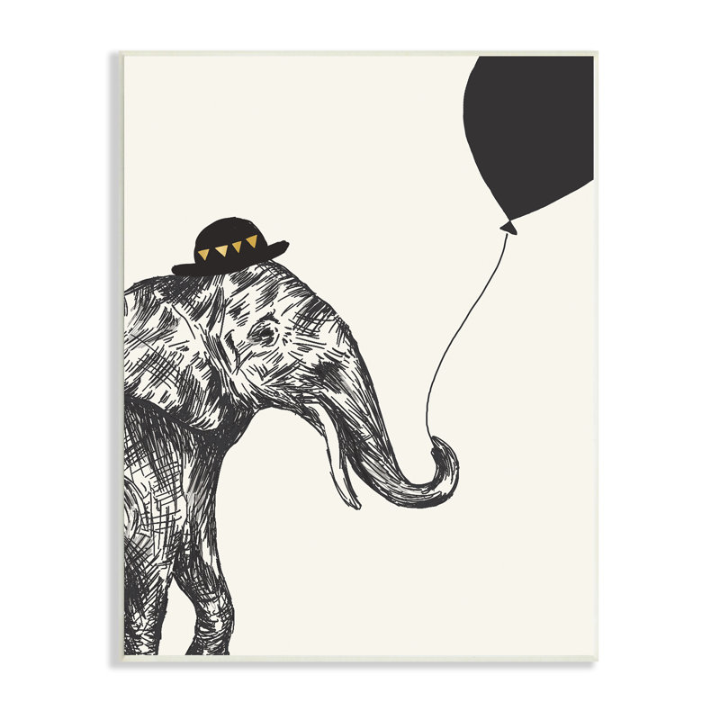 Éléphant avec un chapeau de Derby tenant un ballon noir, Plaque murale, H 15 po x l 10 po x P 0,5 po
