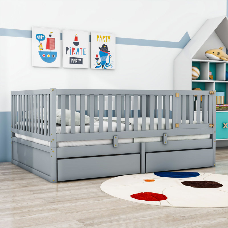Wood 2 Drawers Floor Bed with Guardrails, Full, Gray