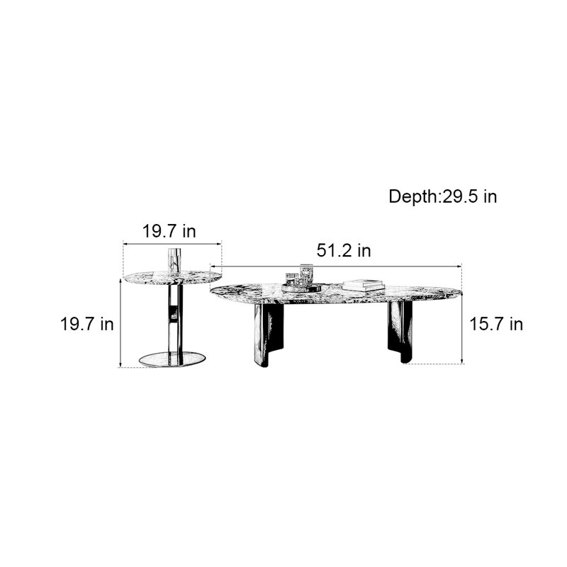 Simple and unique shaped marble coffee table, 15.7" H x 51.2" W x 29.5" D